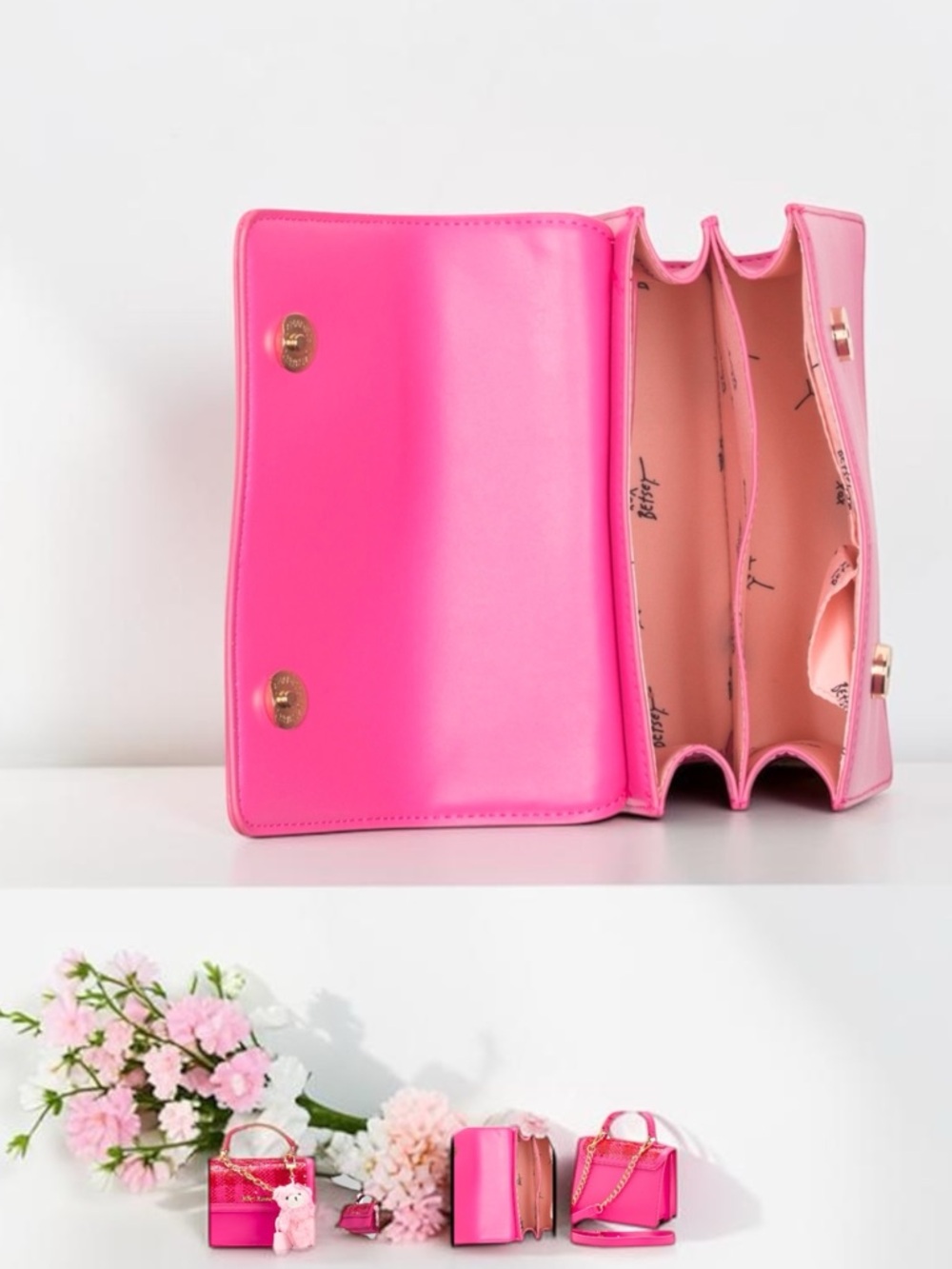 BETSEY Johnson MYLO PINK SEQUIN satchel CROSSBODY BAG pink teddy BEAR bag CHARM - Picture 10 of 13